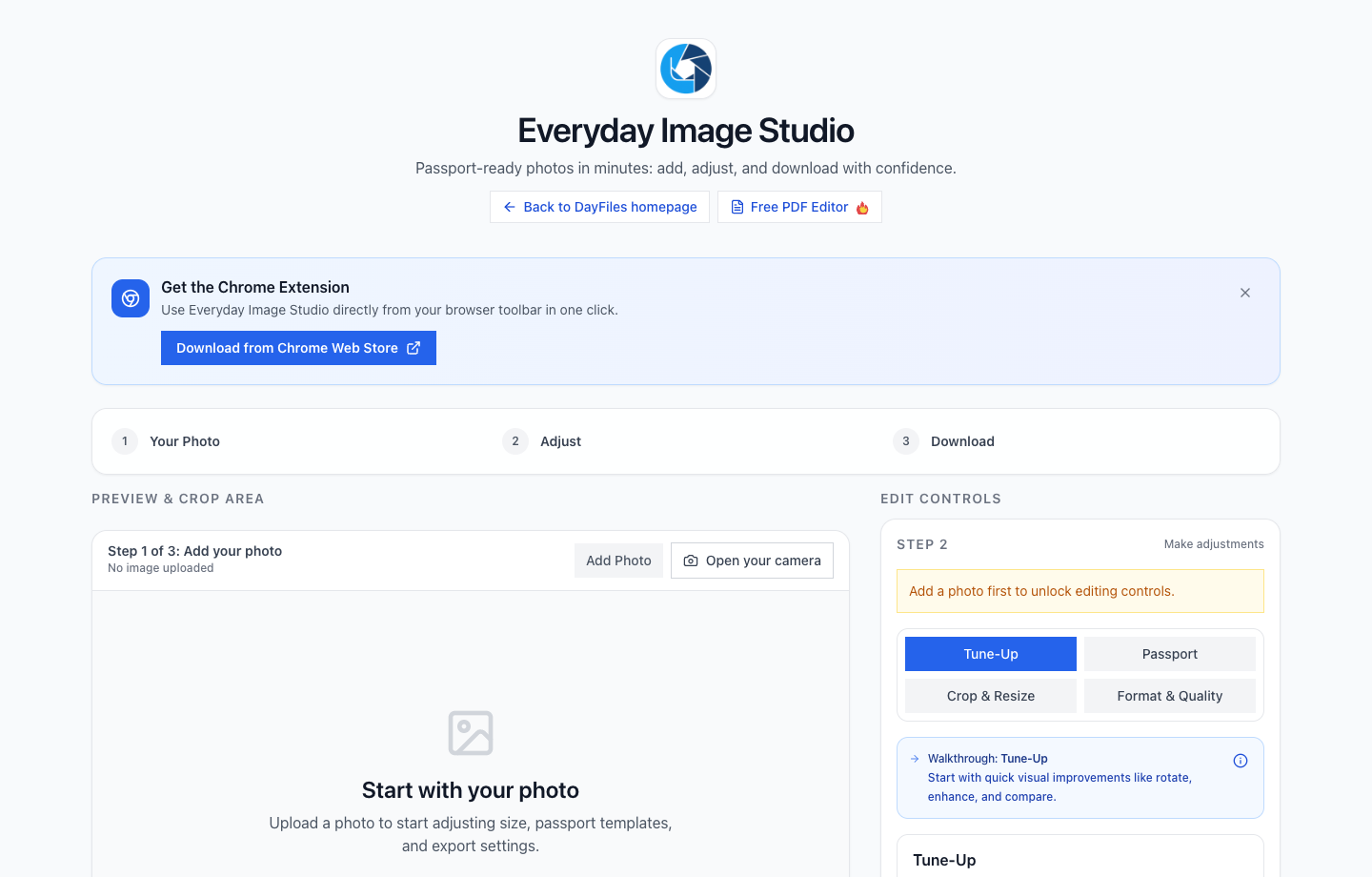Everyday Image Studio workspace showing the main editing canvas and tool navigation