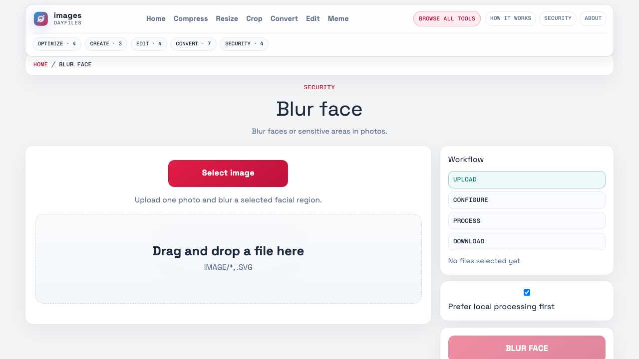 Live Images Dayfiles blur-face page showing the browser-based privacy-safe face blur workflow