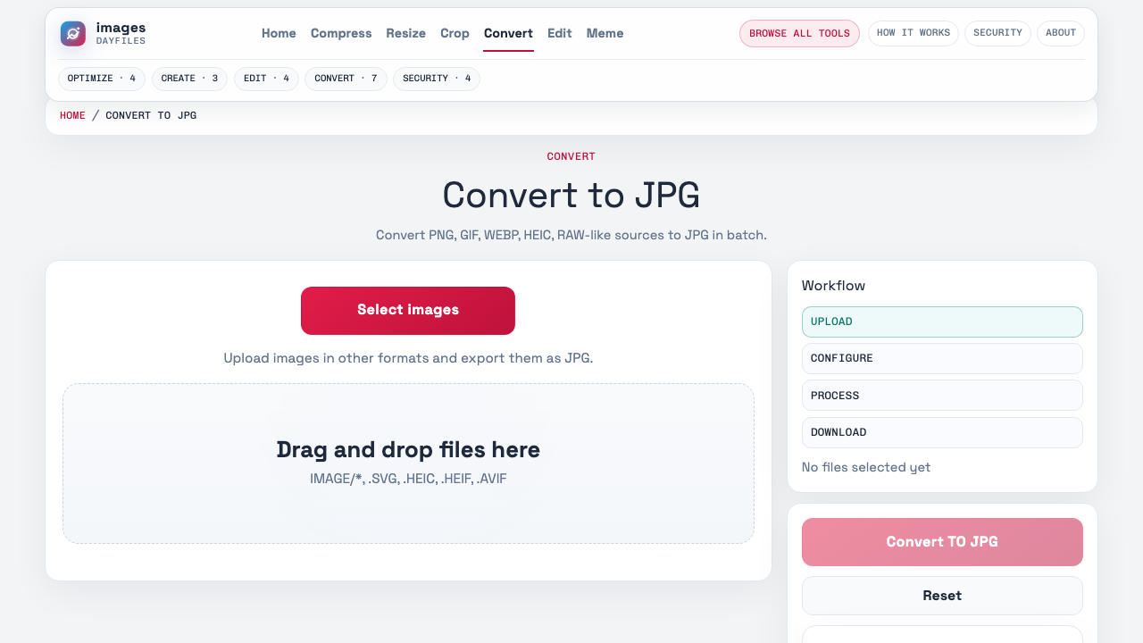 Live Images Dayfiles convert-to-jpg page showing the browser-based JPG conversion workflow