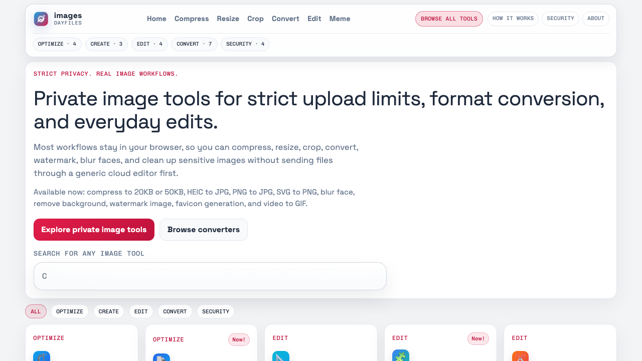 Live Images Dayfiles homepage showing browser-based image conversion, compression, and export tools