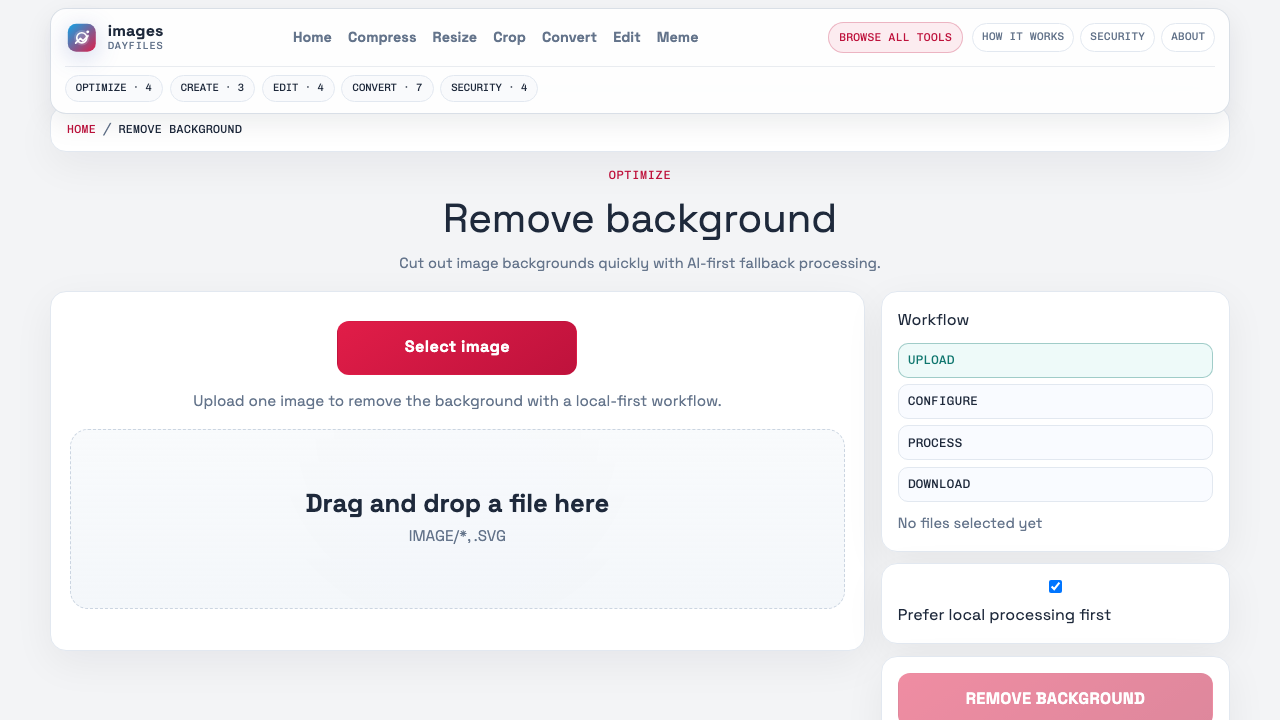 Live Images Dayfiles remove-background page showing the browser-based background removal workflow