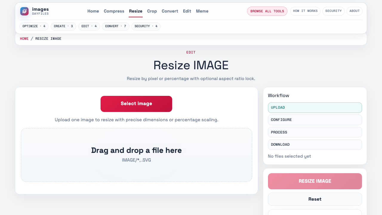 Live Images Dayfiles resize-image page showing the browser-based resize workflow